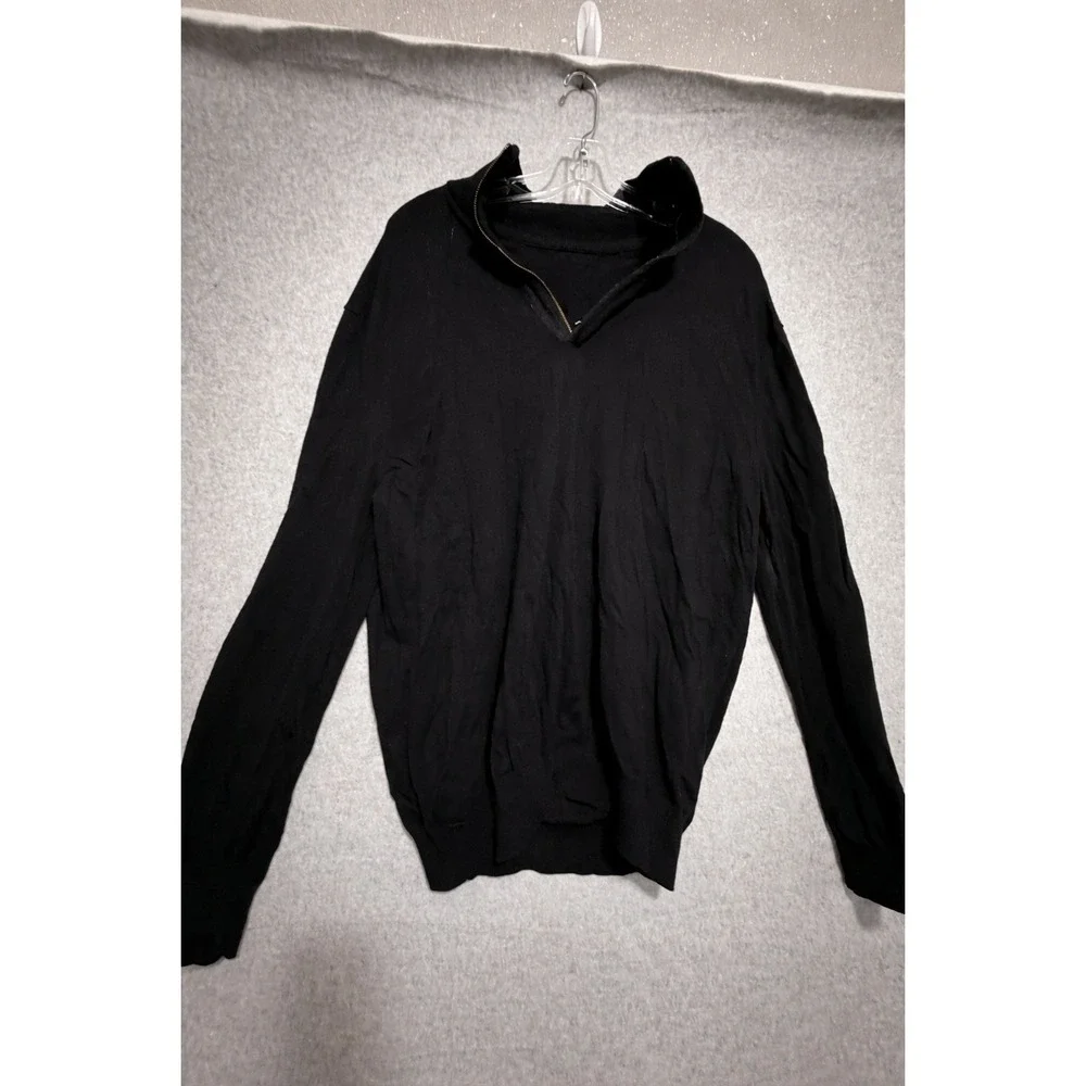 Banana Republic Sweater Mens XL Black Merino Wool Quarter Zip‎ Mock Neck HOLE